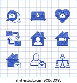 Configurar el trabajo en línea, autónomo, organigrama jerárquico, cámara de vídeo fuera de casa, carpeta de documentos de almacenamiento en la nube, Corazón con texto e icono. Vector
