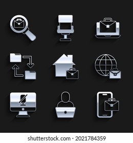 Set Online working, Freelancer, Mute microphone on computer, Cloud storage document folder,  and Magnifying glass with briefcase icon. Vector