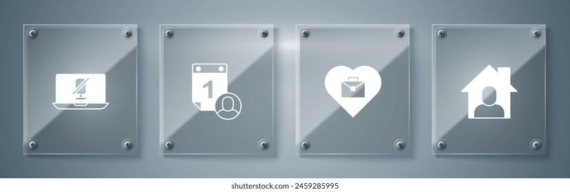 Set Trabajo en línea, Corazón con texto, Gestión de tiempo y Mute micrófono en el portátil. Paneles de vidrio cuadrado. Vector