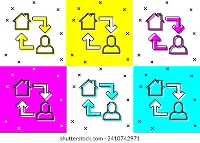 Set Online working icon isolated on color background. Freelancer man working on laptop at his house. Remote work. Distant job concept.  Vector