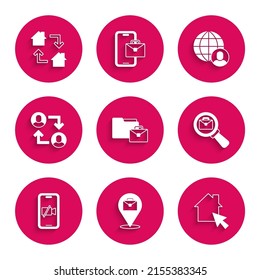 Set Online working, Magnifying glass with briefcase, Video camera Off on mobile, Project team base, Freelancer and  icon. Vector