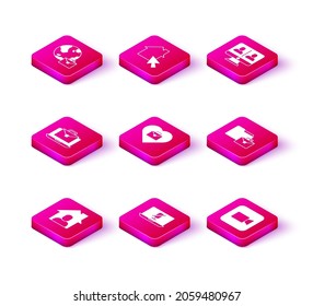 Set Online working, Mute microphone on laptop, Heart with text, Camera, Video chat conference and  icon. Vector