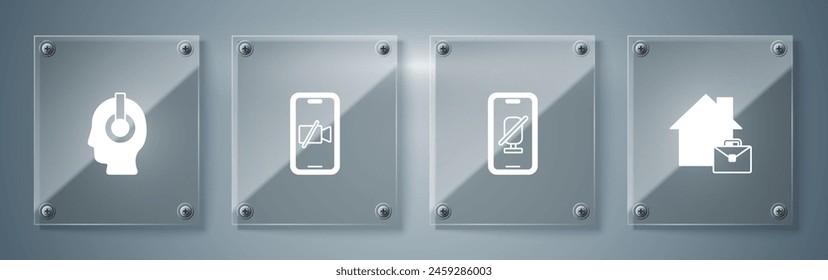Set Online working, Mute microphone on mobile, Video camera Off and Freelancer. Square glass panels. Vector