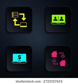 Set Online working, , Mute microphone on laptop and Video chat conference. Black square button. Vector