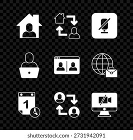 Set Trabalho on-line, Microfone sem áudio, Gerenciamento de tempo, Base da equipe do projeto, Câmera de vídeo Computador desligado, Freelancer e ícone de conferência de bate-papo. Vetor