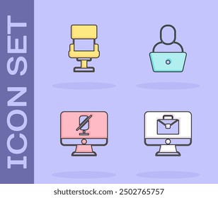 Establecer el trabajo en línea, silla de oficina, micrófono mudo en la computadora e icono de Freelancer. Vector