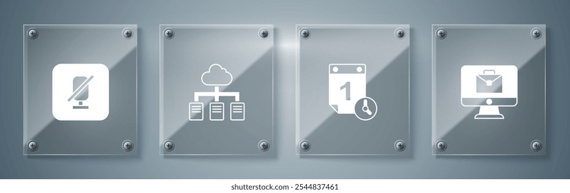 Set Online working, Time management,  and Mute microphone. Square glass panels. Vector