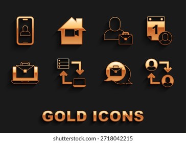 Set Trabalho online, Gerenciamento de tempo, Base da equipe do projeto, Freelancer, Conferência de bate-papo em vídeo e câmera Off home icon. Vetor