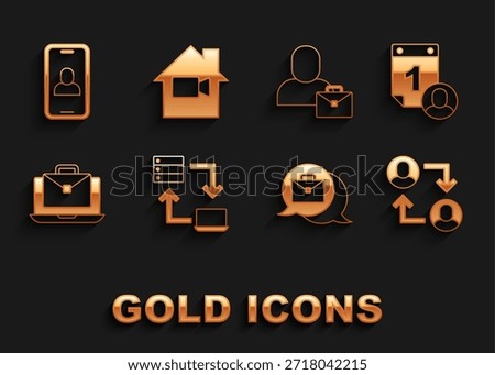 Set Online working, Time management, Project team base, Freelancer, Video chat conference and camera Off home icon. Vector