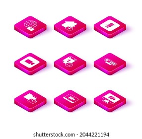 Set Online working, Video camera Off on laptop, Camera, Time management, computer, Web, Mute microphone and  icon. Vector