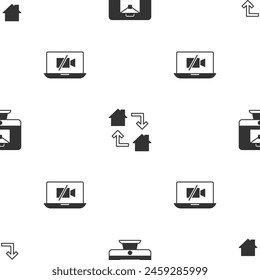 Set Online working,  and Video camera Off on laptop on seamless pattern. Vector