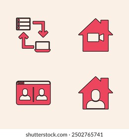 Set Online working, , Video camera Off home and chat conference icon. Vector