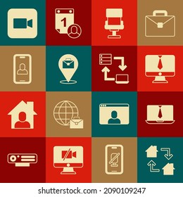 Configurar trabajo en línea, videoconferencia, silla de oficina, cámara e icono. Vector