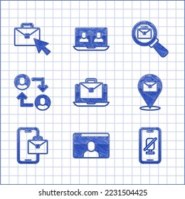 Set Online working, Video chat conference, Mute microphone mobile, Freelancer, Project team base, Magnifying glass with briefcase and  icon. Vector
