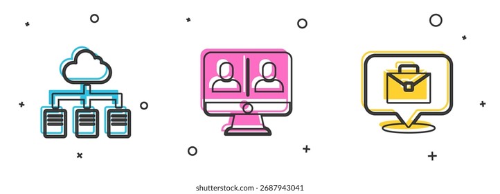 Video Establecer trabajo en línea, conferencia de chat e icono. Vector