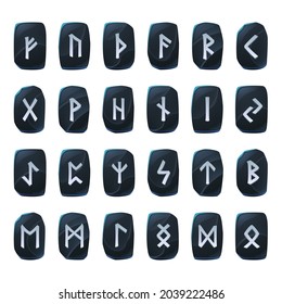 Set of onyx game runes, nordic ancient alphabet, viking celtic futark symbols engraved on black stone pieces. Esoteric occult signs, mystic ui or gui elements, isolated cartoon vector illustration