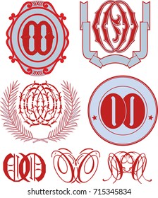 Set of OO monograms and decorative emblem templates with two letters FF. Vector collection