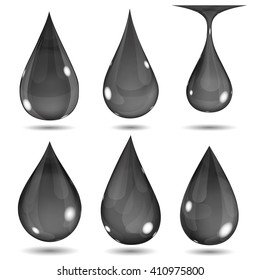 Set of opaque black drops on white background