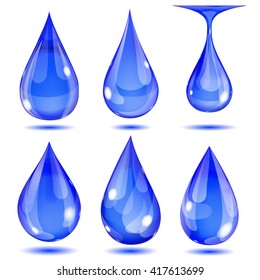 Set of opaque blue drops on white background