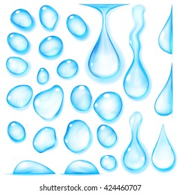 Set of opaque drops of different shapes in light blue colors on white background