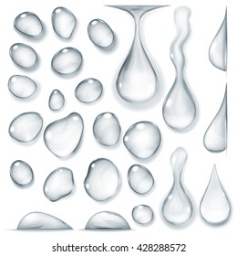 Set of opaque drops of different shapes in gray colors on white background
