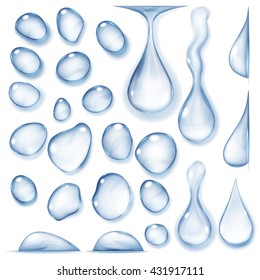 Set of opaque drops of different shapes in blue colors on white background