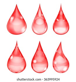 Set of opaque drops in red colors on white background