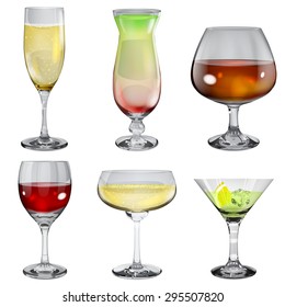 Set of opaque glass goblets with wine, cocktail, champagne and cognac
