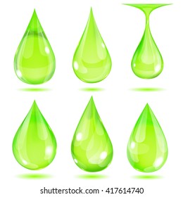 Set of opaque green drops on white background