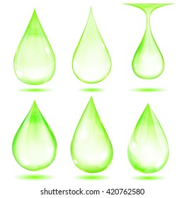 Set of opaque green drops on white background