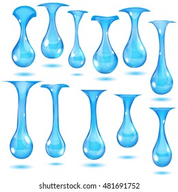 Set of opaque hanging drops in blue colors on white background