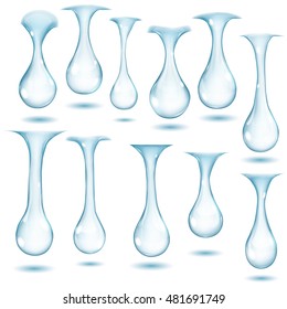 Set of opaque hanging drops in light blue colors on white background