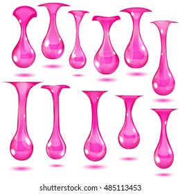 Set of opaque hanging drops in pink colors on white background