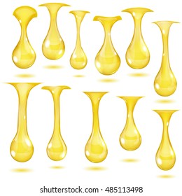 Set of opaque hanging drops in yellow colors on white background