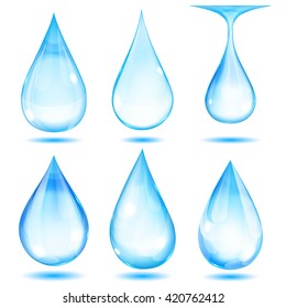 Set of opaque light blue drops on white background