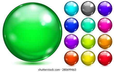 Set of opaque spheres of various saturated colors with glares and shadows