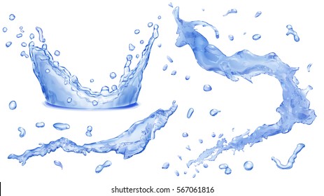 Set of opaque water splashes, drops and crown in blue colors, isolated on white background