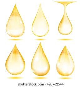 Set of opaque yellow drops on white background