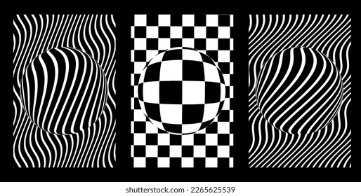 Set of Opart Black and White Patterns - Vector Lens Striped Wavy Backgrounds