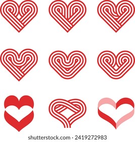 A set of op-art heart vector graphics isolated on a white background