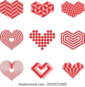 A set of op-art heart vector graphics isolated on a white background