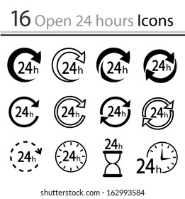 Set of open 24 hours Icons (vector)