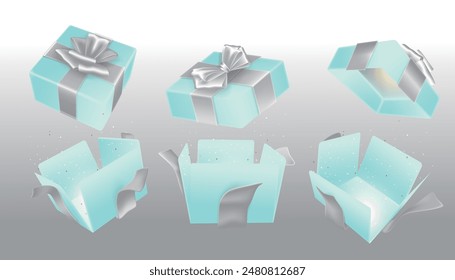 A set of open baby blue surprise boxes tied with silver ribbons