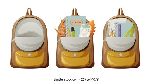 Set of open backpacks with school supplies, notepads, ruler and triangle, calculator, marker and pencil. Bag for students and schoolchildren