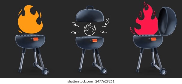 Set of open barbeque grill with doodle draw fire isolated on black background. Realistic bright cooking bbq device. Fashion minimal composition. Cartoon 3d vector illustration.