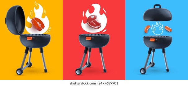 Set of open barbeque grill with doodle draw fire and meat food products isolated on color background. Realistic bright cooking bbq device. Fashion minimal composition. Cartoon 3d vector illustration.