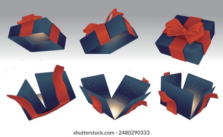 A set of open blue surprise boxes tied with red ribbons