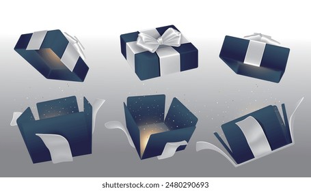 A set of open blue surprise boxes tied with silver ribbons