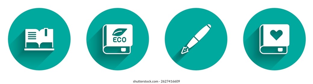 Set Open book, Book about ecology, Fountain nib and Romance icon with long shadow. Vector