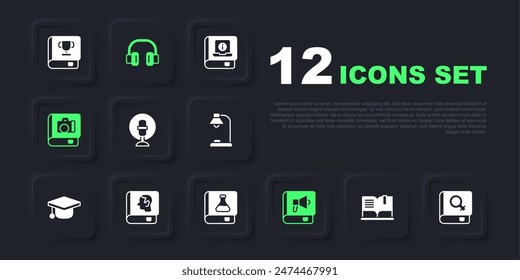 Set Open book, Book about women, Microphone, Photo album gallery, Law, Headphones and Chemistry icon. Vector
